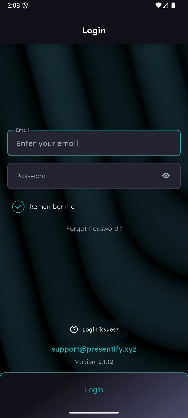 Presentify login screen with empty email and password fields