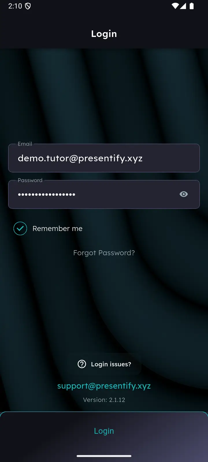 Login screen with an email address and password entered
