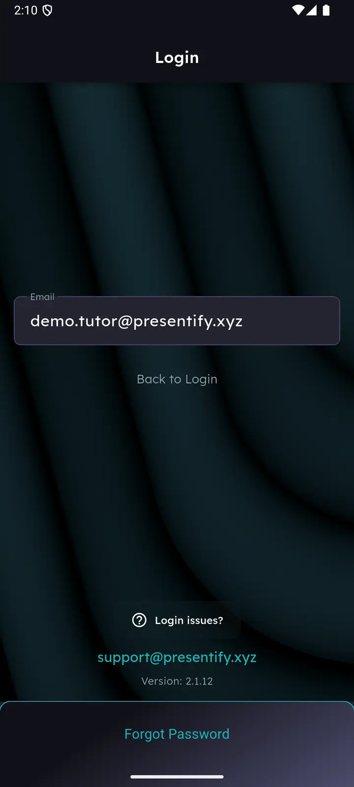 Forgot password screen with an email field and Back to Login link