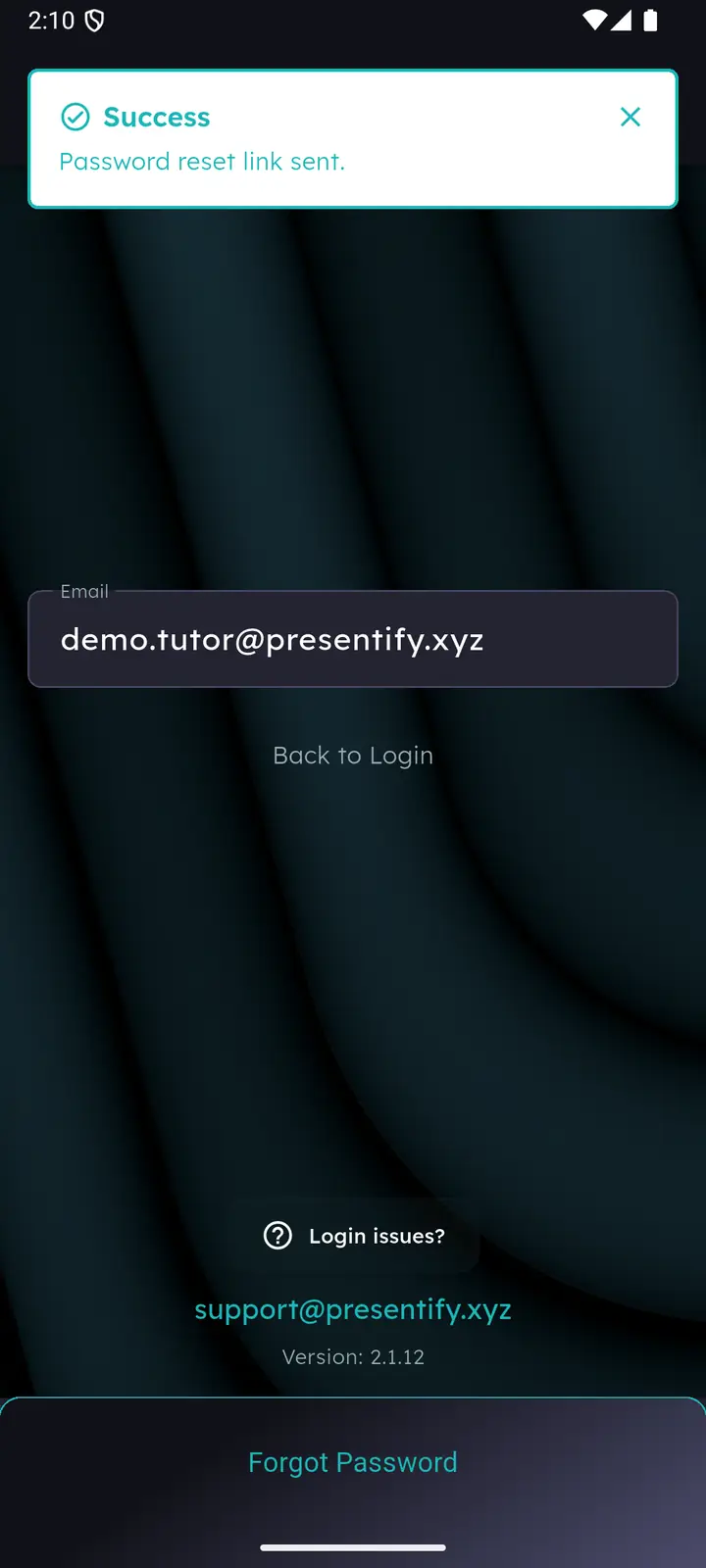 Success banner reading Password reset link sent