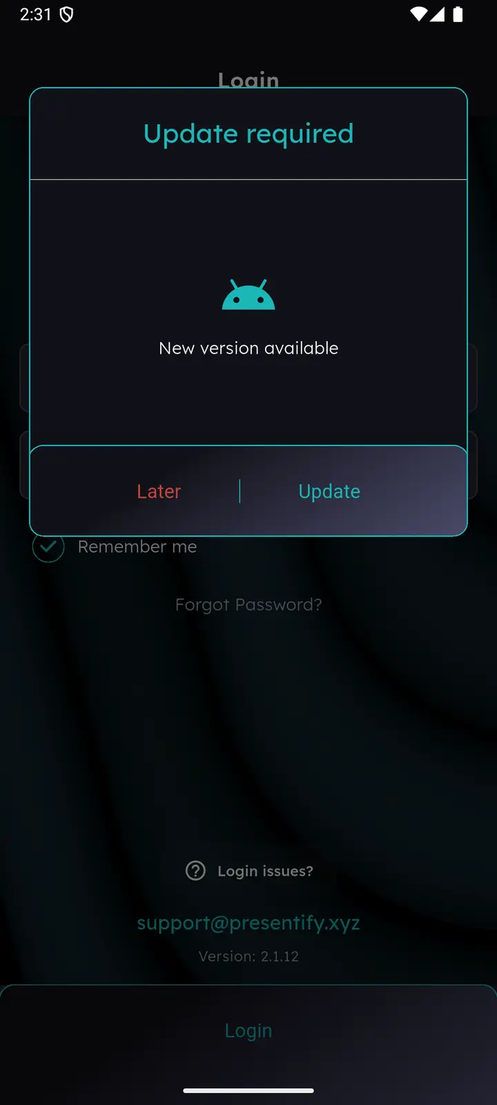 Update required dialog with Later and Update actions