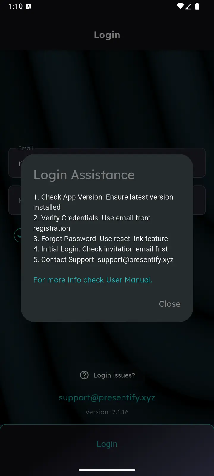 Login Assistance dialog listing five troubleshooting steps