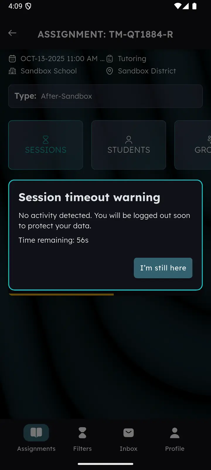Session timeout warning with a 56 second countdown and an I'm still here button