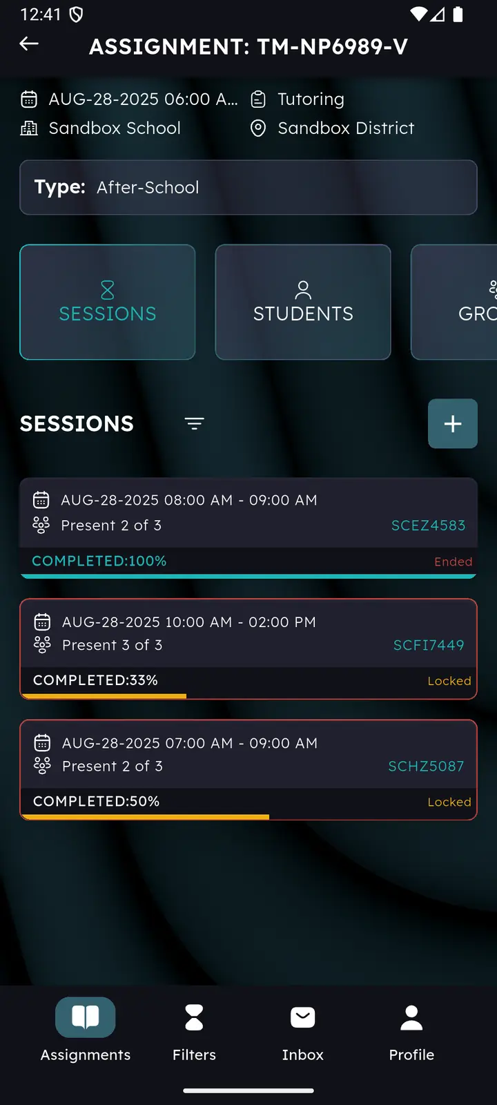 Sessions list inside an assignment showing completion percentages and statuses