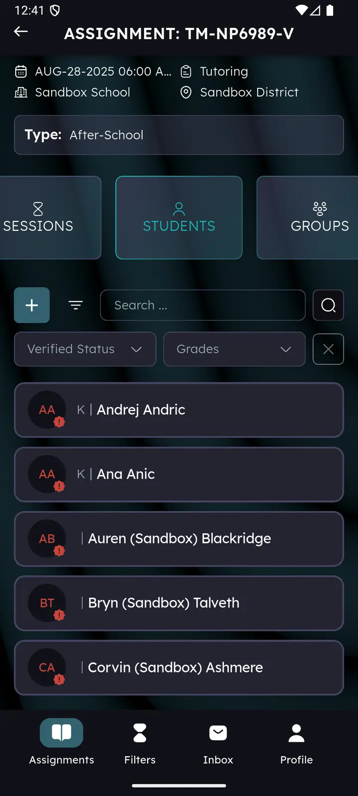Students list with search field and Verified Status and Grades filters