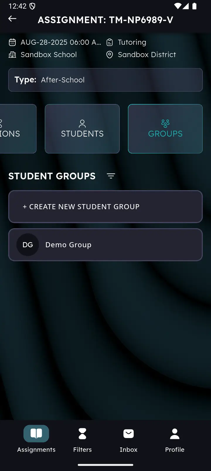 Student groups list with a Create new student group action