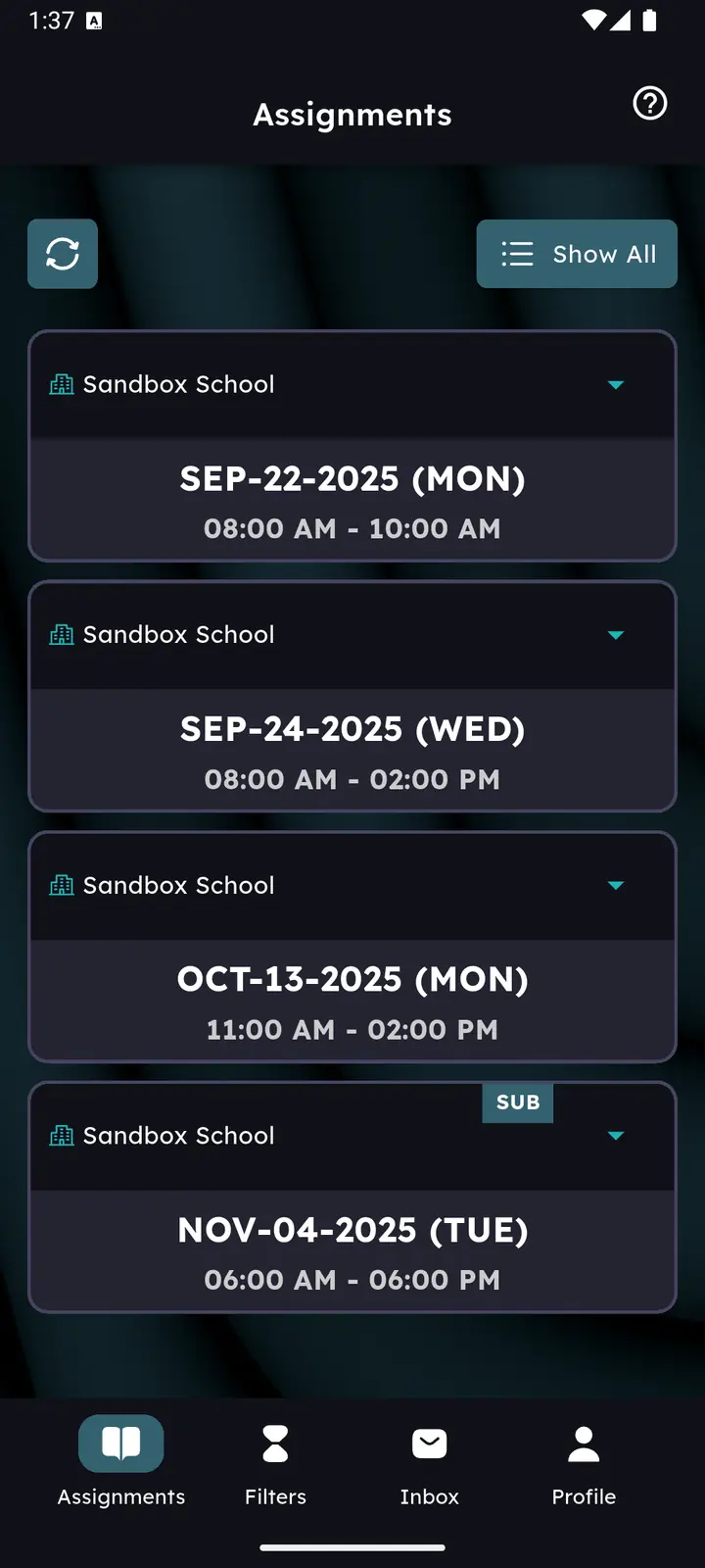 Assignments list showing four dated assignment cards, one flagged SUB