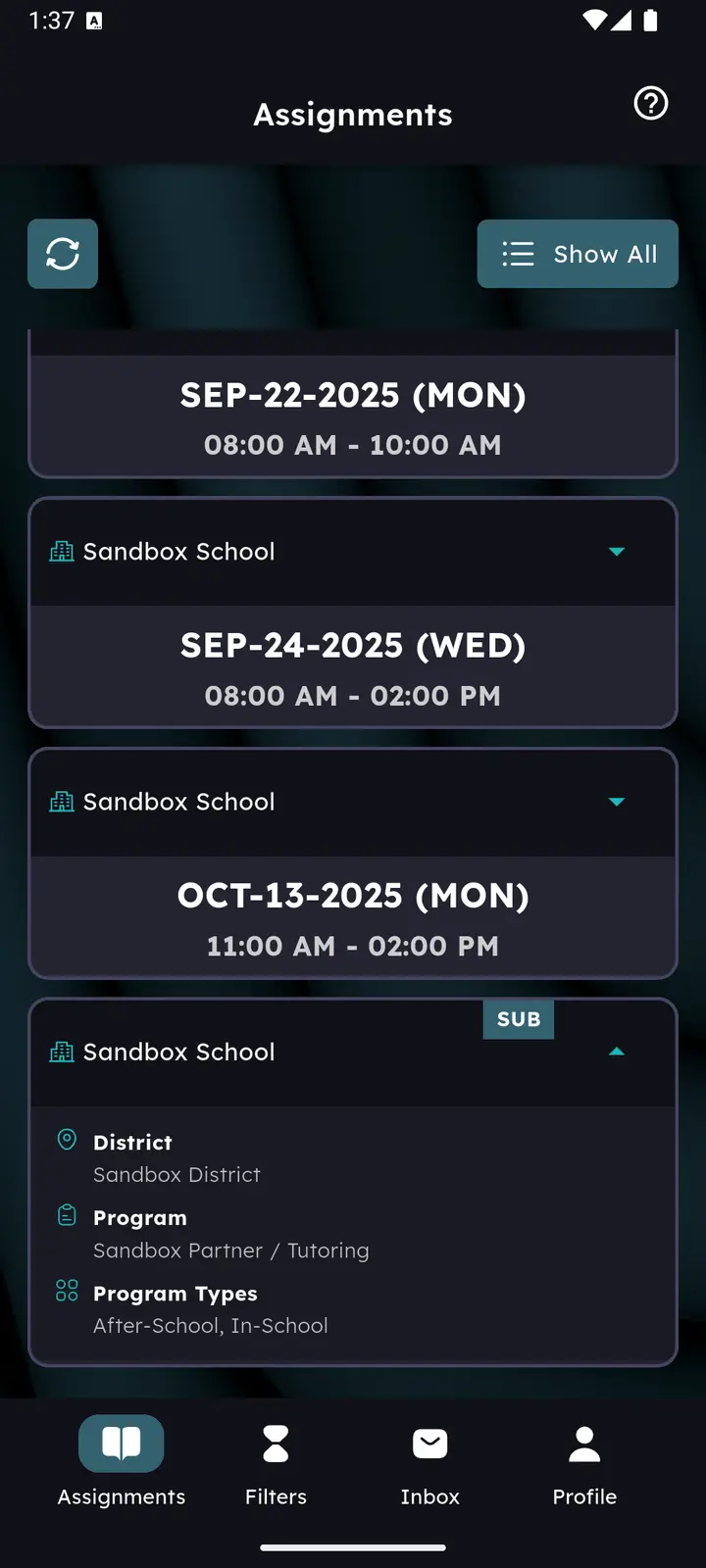 Expanded assignment card showing district, program and program types