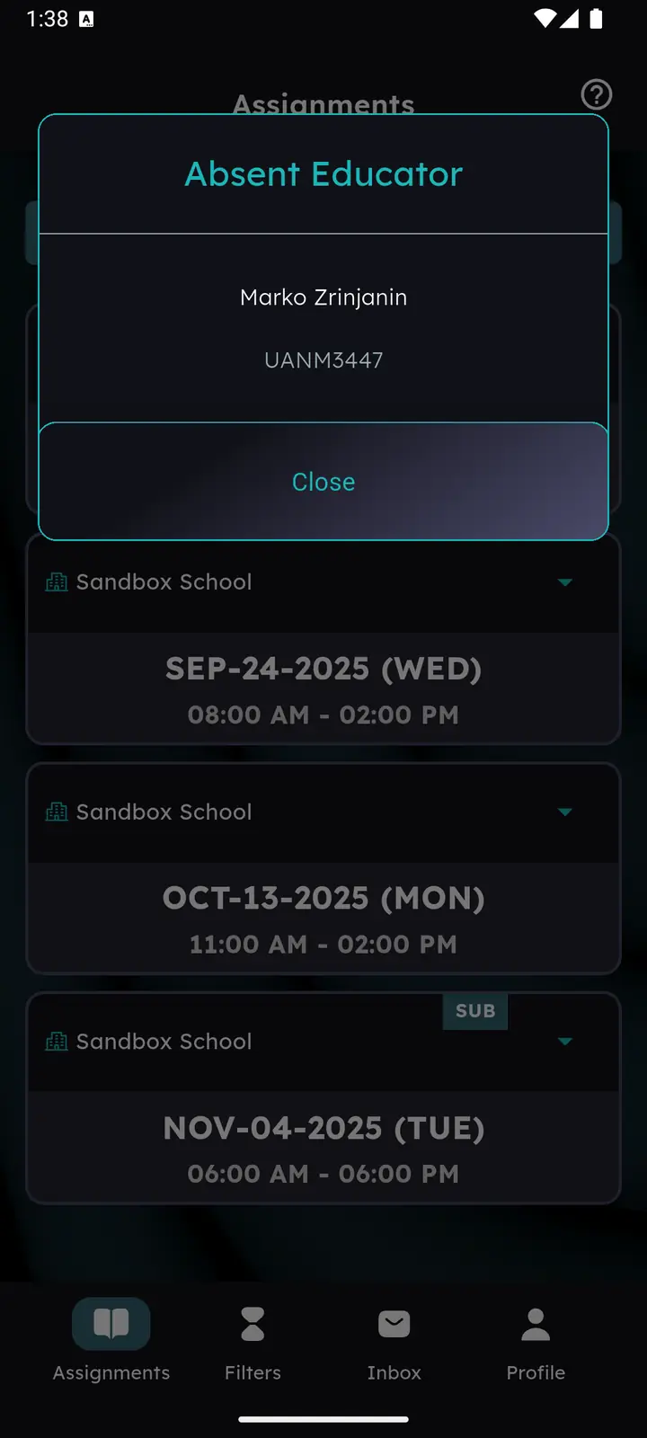 Absent Educator dialog showing the covered educator's name and ID