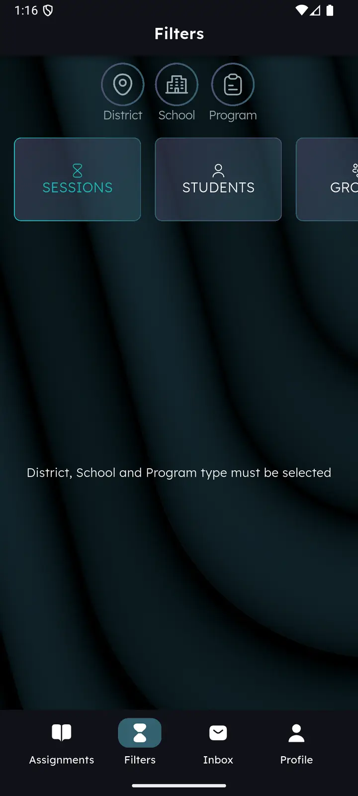 Filters screen with District, School and Program buttons and a prompt to select all three