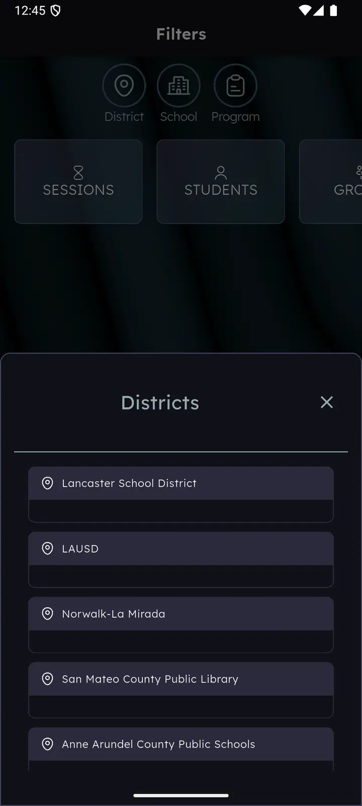 Districts picker listing school districts