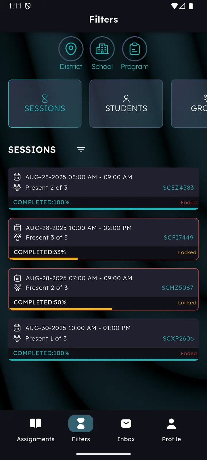 Filters screen with all filters active and a list of sessions below