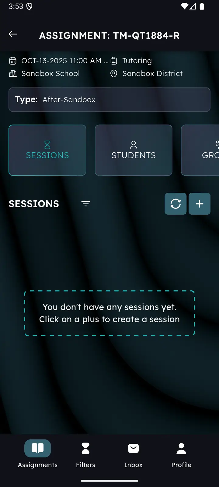 Empty sessions state inviting the user to tap plus to create a session