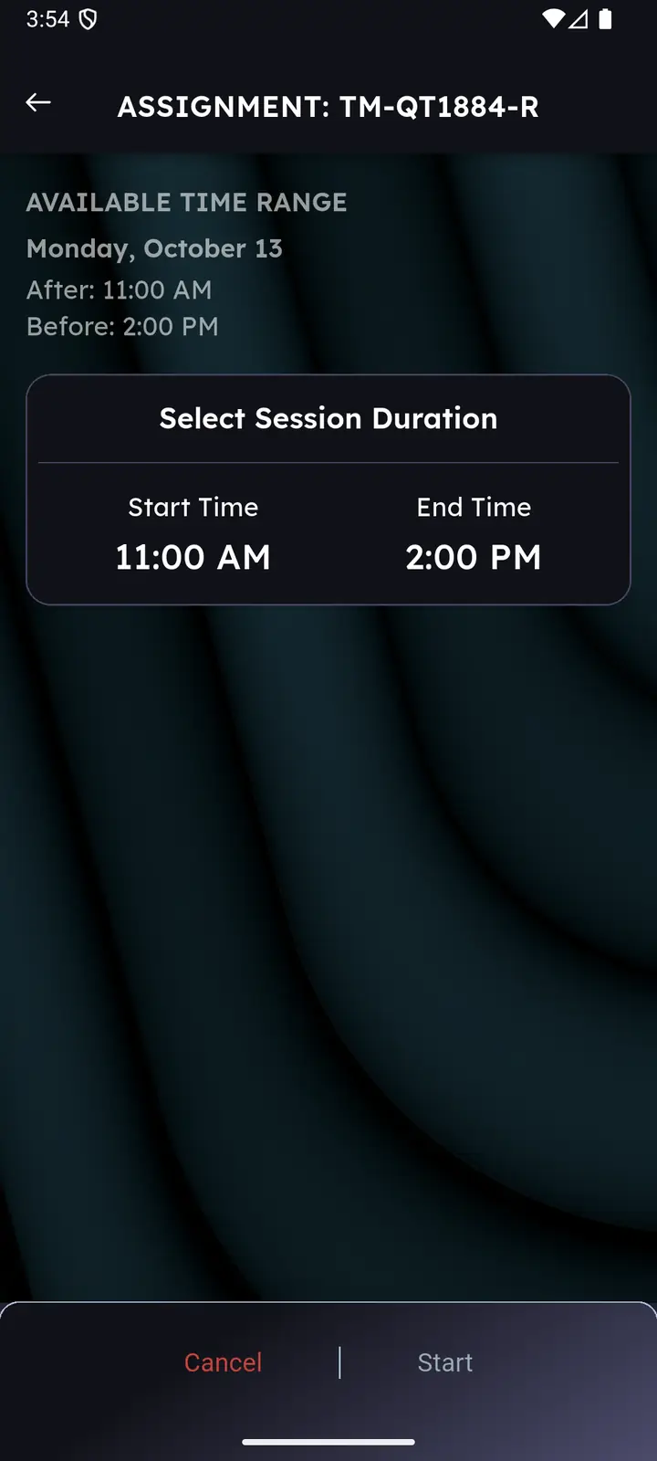 Available time range with a Select Session Duration card showing start and end time