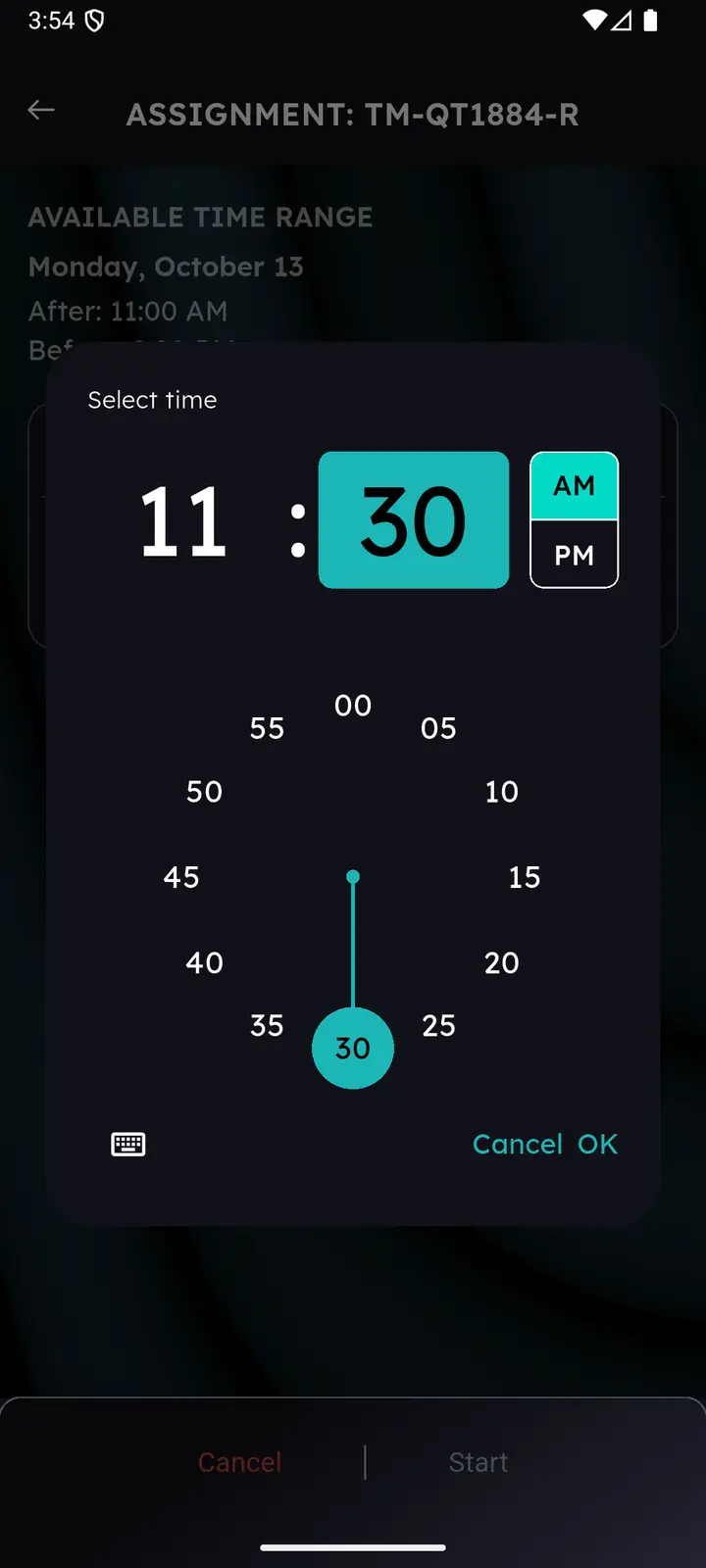 Clock-style time picker set to 11:30 AM