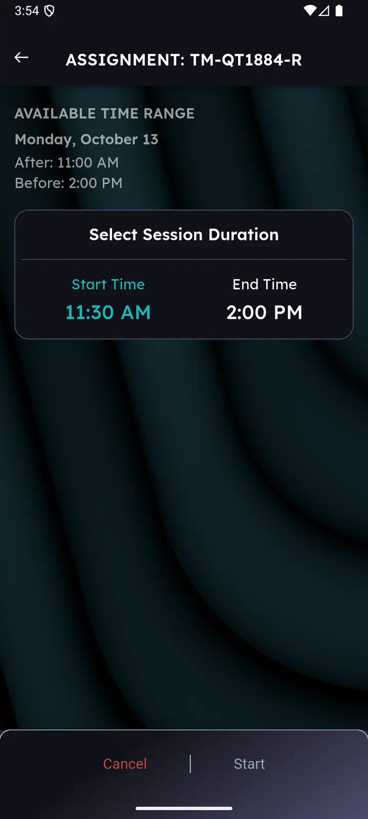 Session duration card showing a start time of 11:30 AM and end time of 2:00 PM