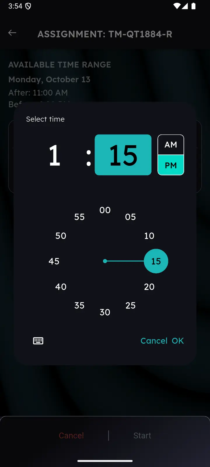 Clock-style time picker set to 1:15 PM