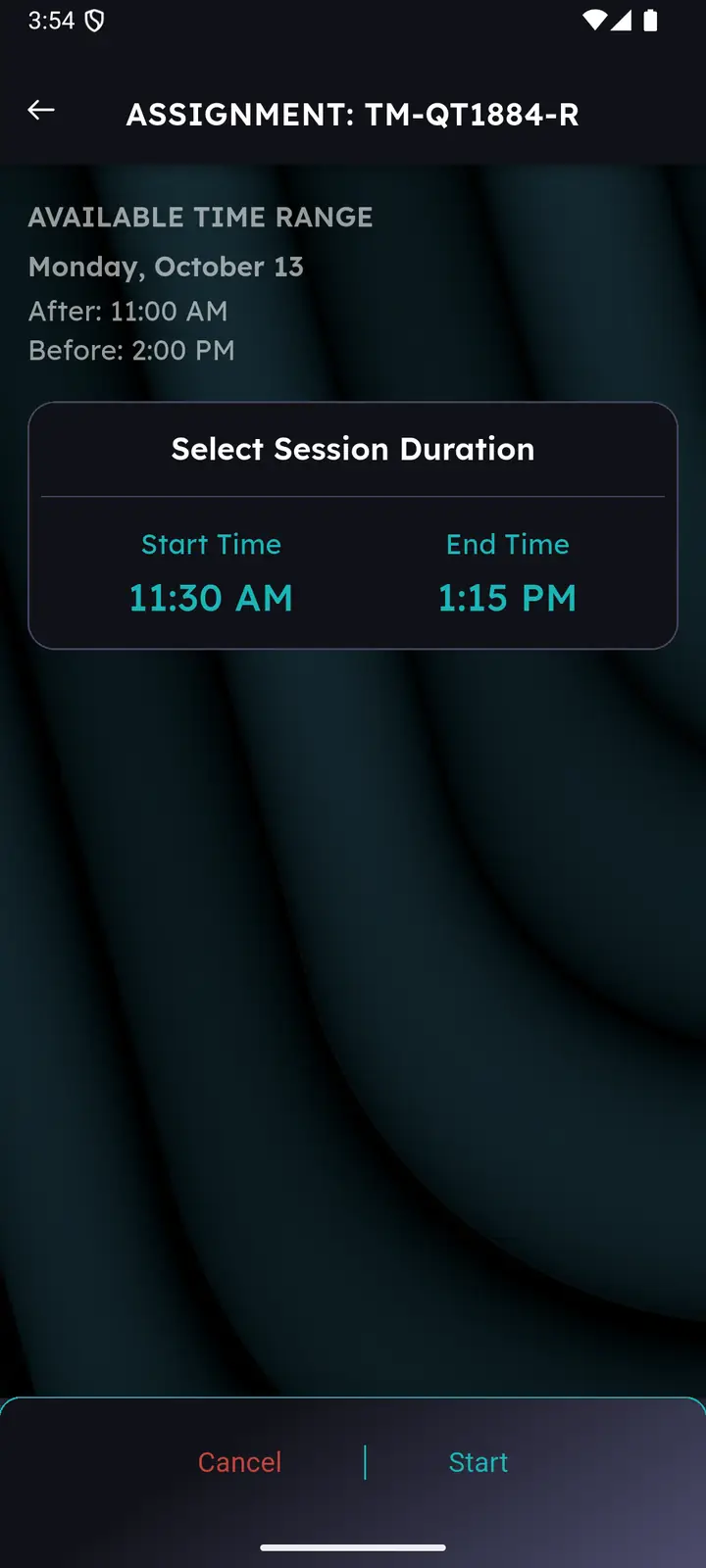 Session duration card set from 11:30 AM to 1:15 PM with a Start button