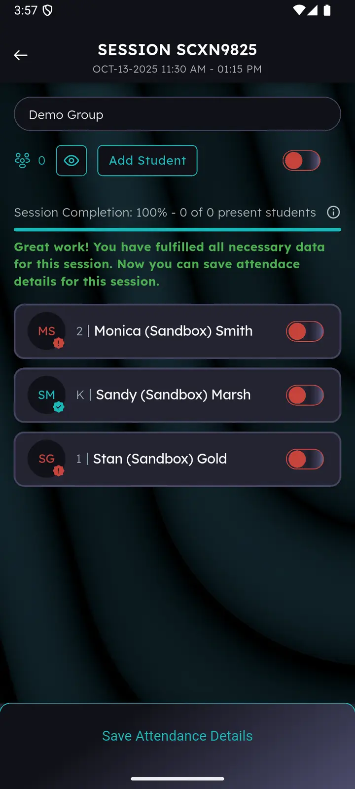 New session with all students toggled off and 0 of 0 present