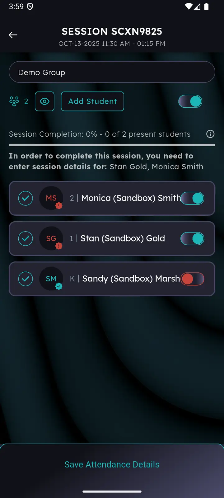 Session with two students toggled present and check marks beside their cards