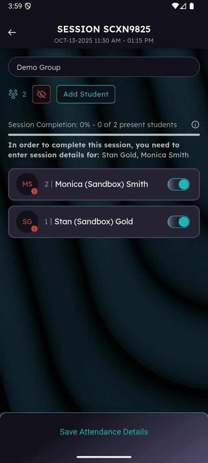 Session list with the eye icon active so absent students are hidden