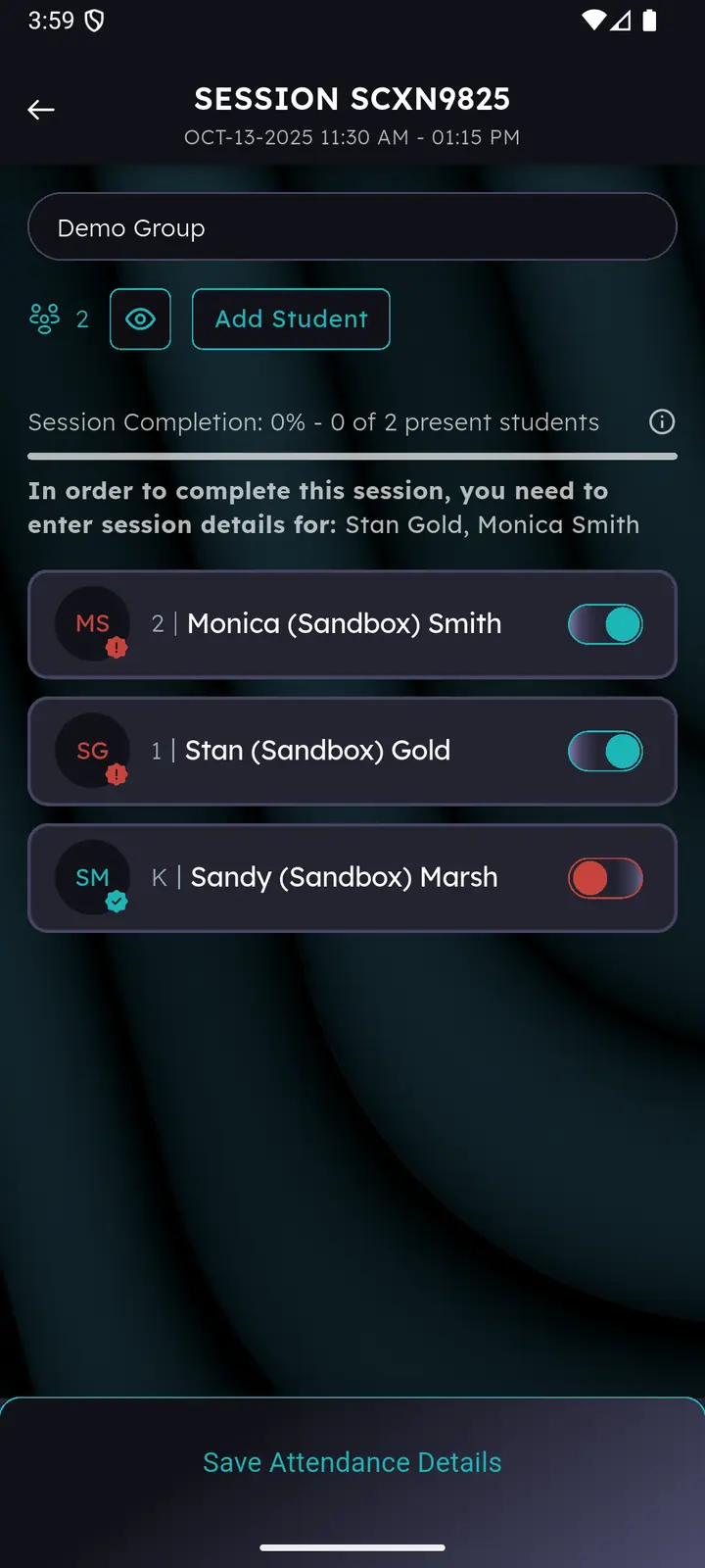 Session list showing both present and absent students