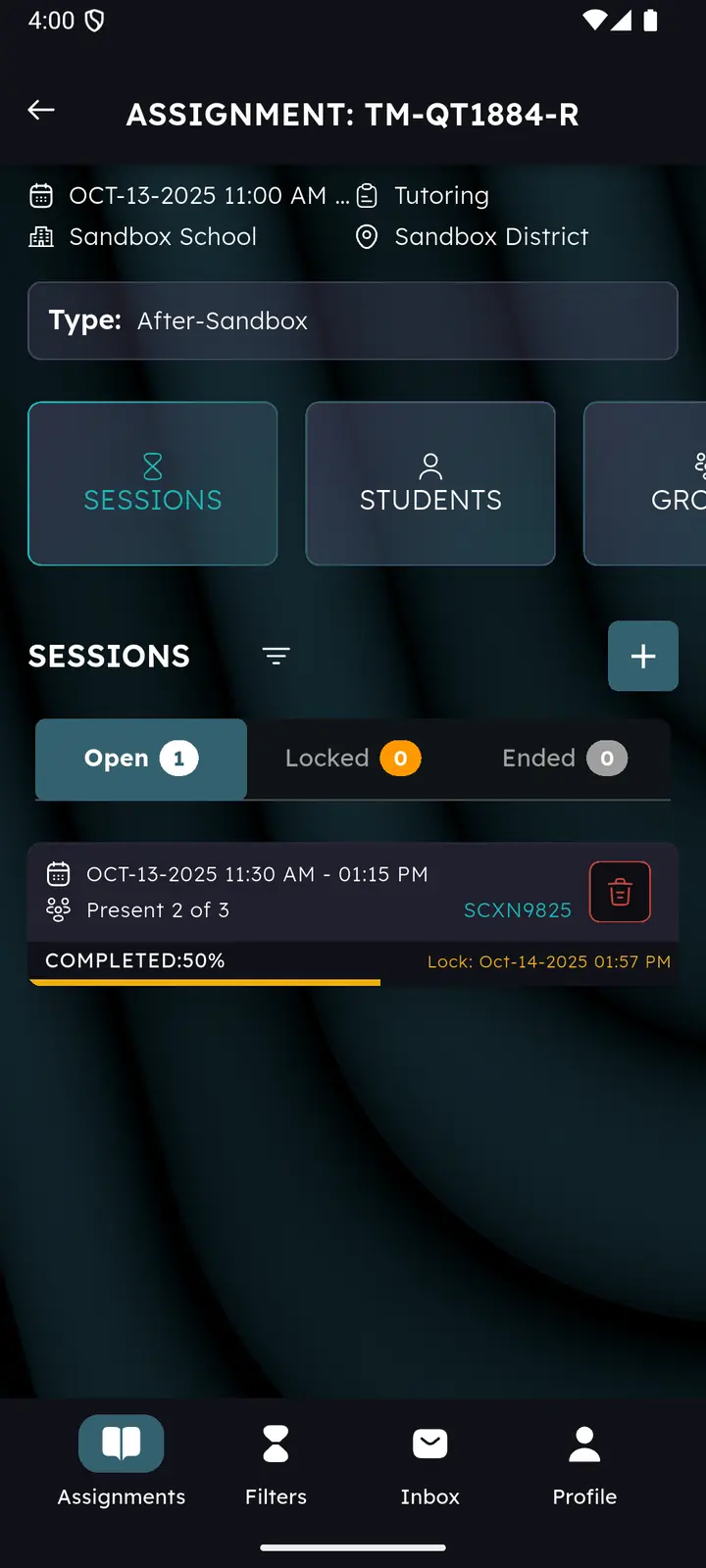Sessions list with Open, Locked and Ended tabs and a session card showing its lock deadline