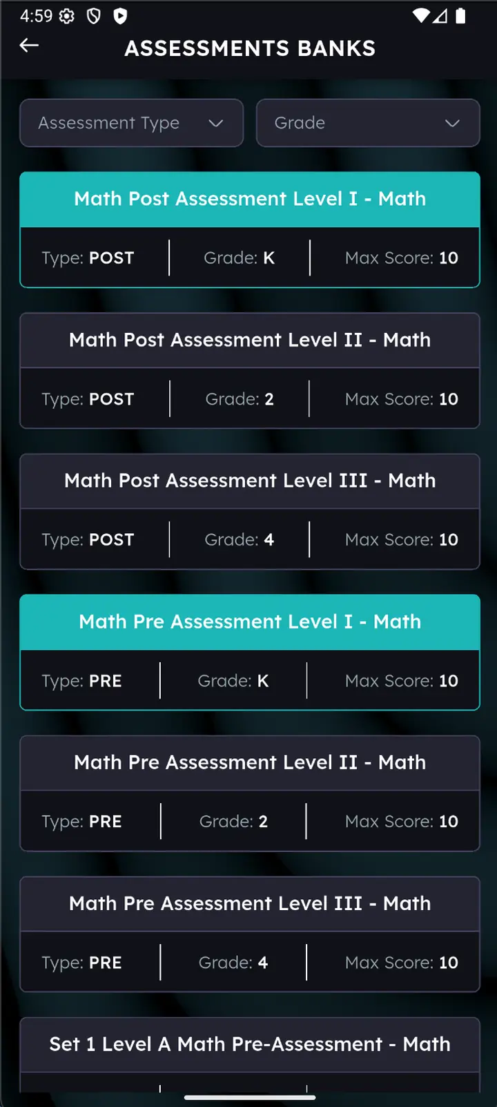 Assessments banks list with type and grade filters and two banks highlighted in green