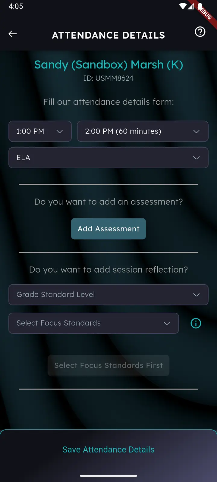 Attendance details with an add session reflection section below the assessment section