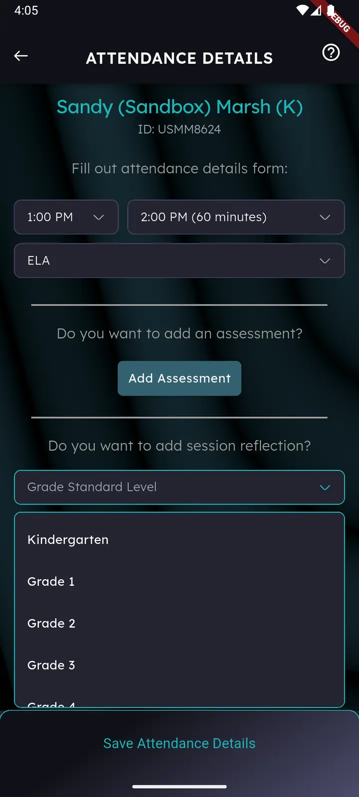 Grade Standard Level dropdown open, listing Kindergarten through Grade 4
