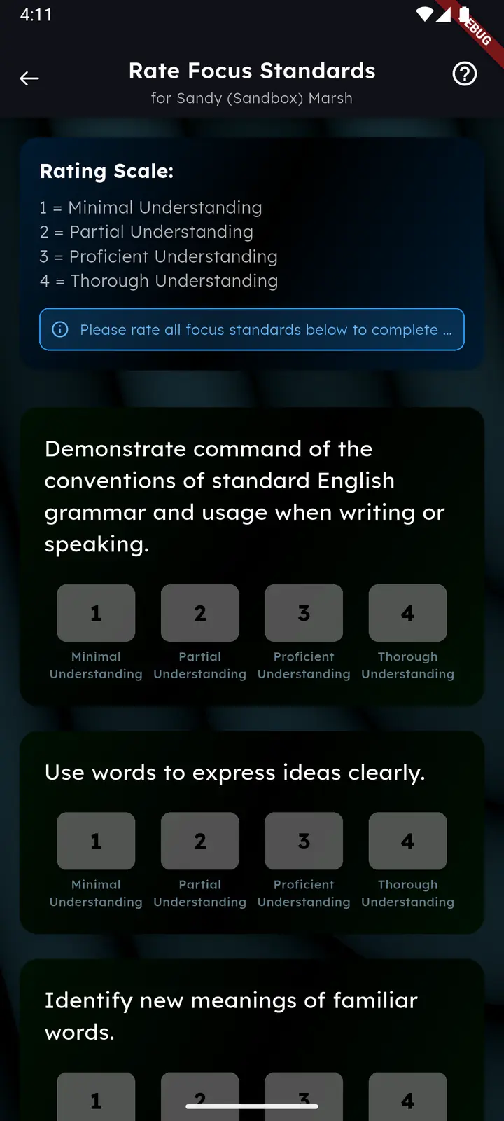 Rate Focus Standards screen showing the 1 to 4 rating scale and standard descriptions