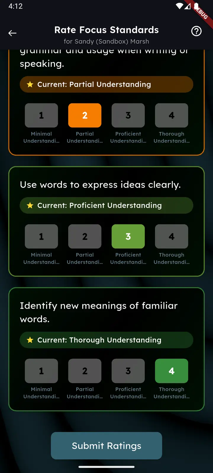 Rating screen with ratings selected and a Submit Ratings button