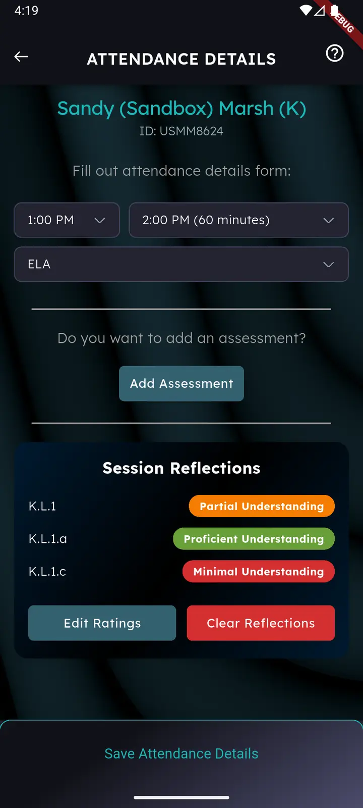 Attendance details showing a session reflections summary with Edit Ratings and Clear Reflections buttons