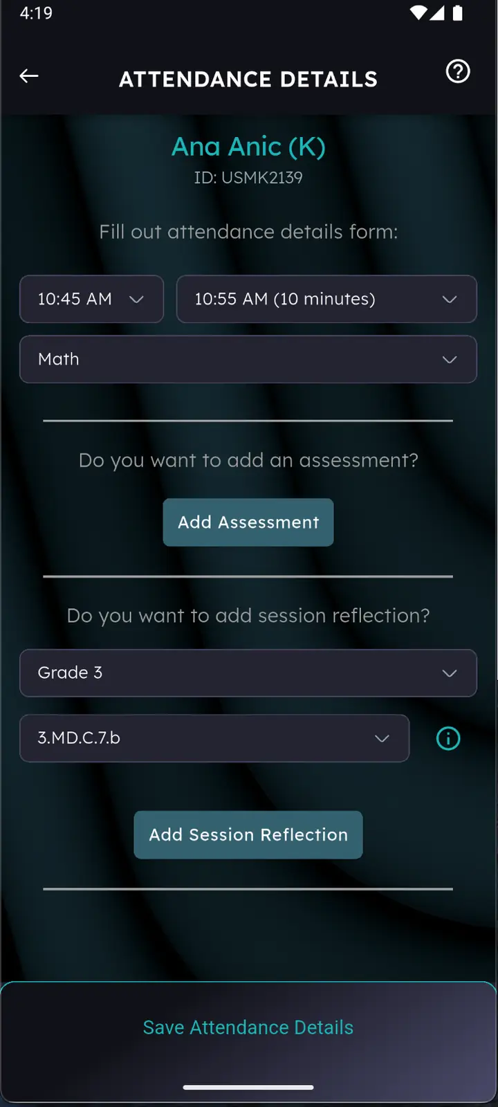 Attendance details for another student with grade and standard selected and Add Session Reflection ready