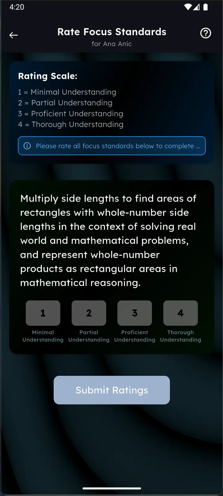 Rate focus standards screen with a maths standard not yet rated and Submit disabled