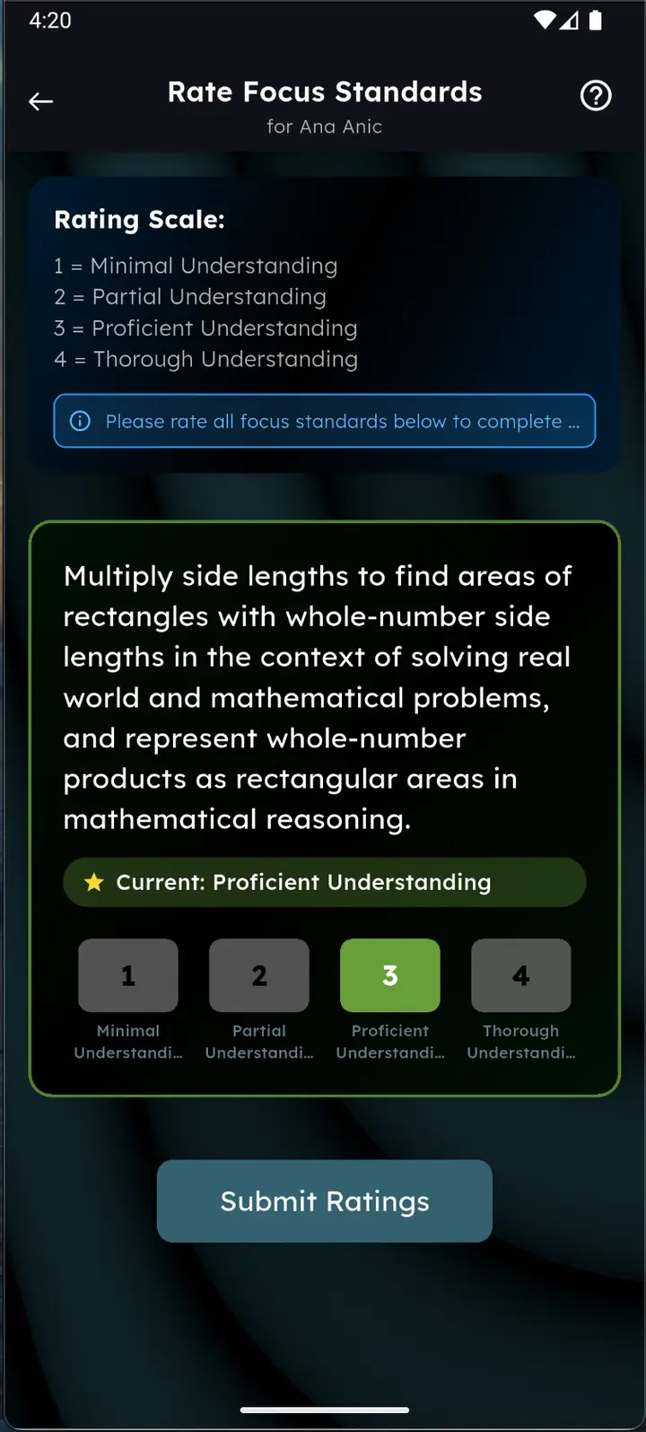 The same standard rated Proficient Understanding with Submit Ratings enabled