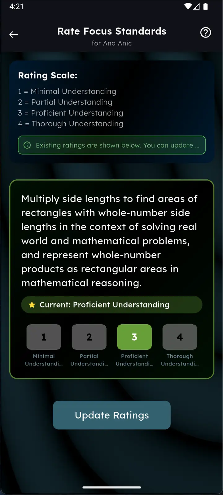 Rating screen noting that existing ratings are shown and can be updated
