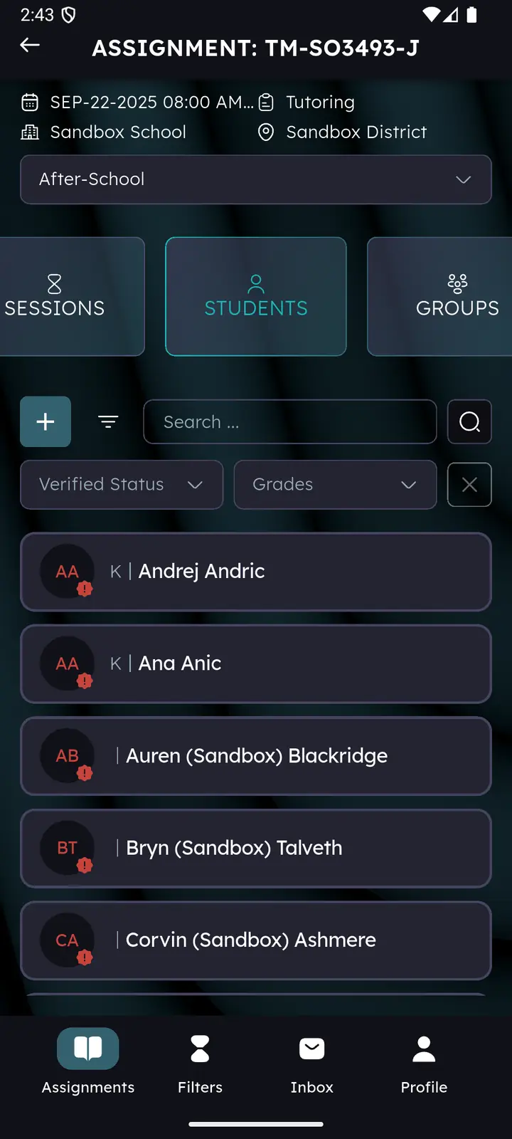 Students list with search field, verified status and grades filters