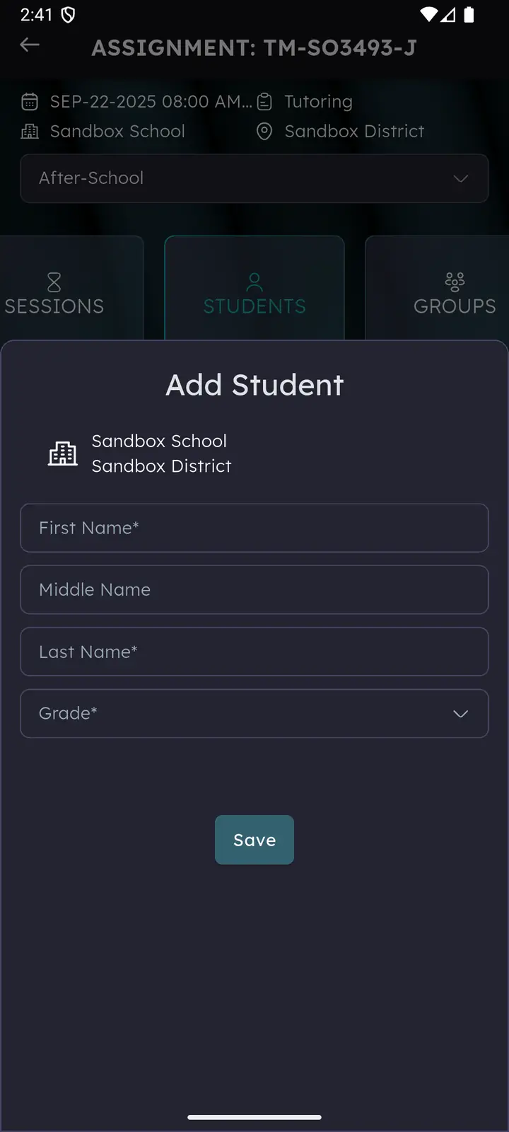 Add Student dialog with first, middle and last name fields and a grade picker