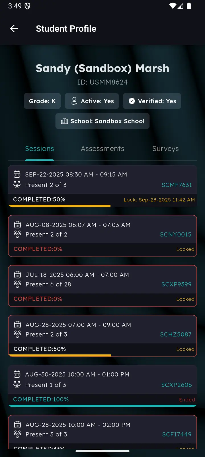 Student profile Sessions tab listing sessions with completion percentages