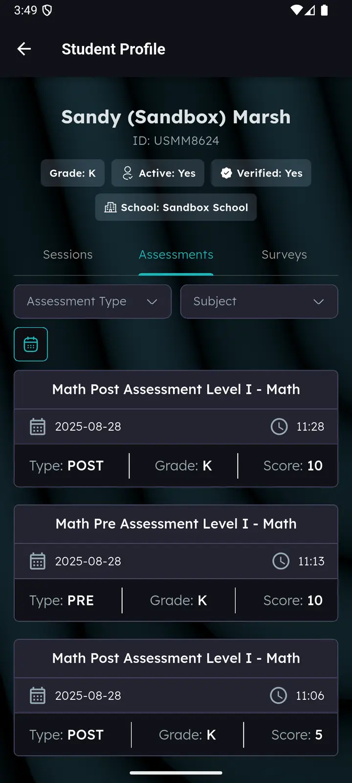 Student profile Assessments tab with type and subject filters and scored assessment cards