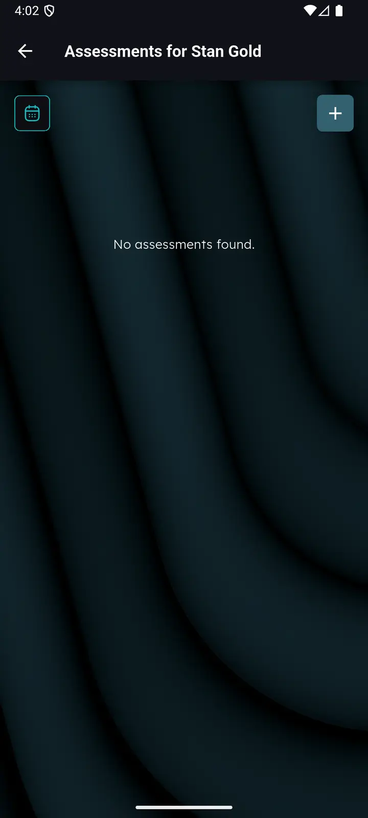 Assessments for a student showing an empty state and a plus button
