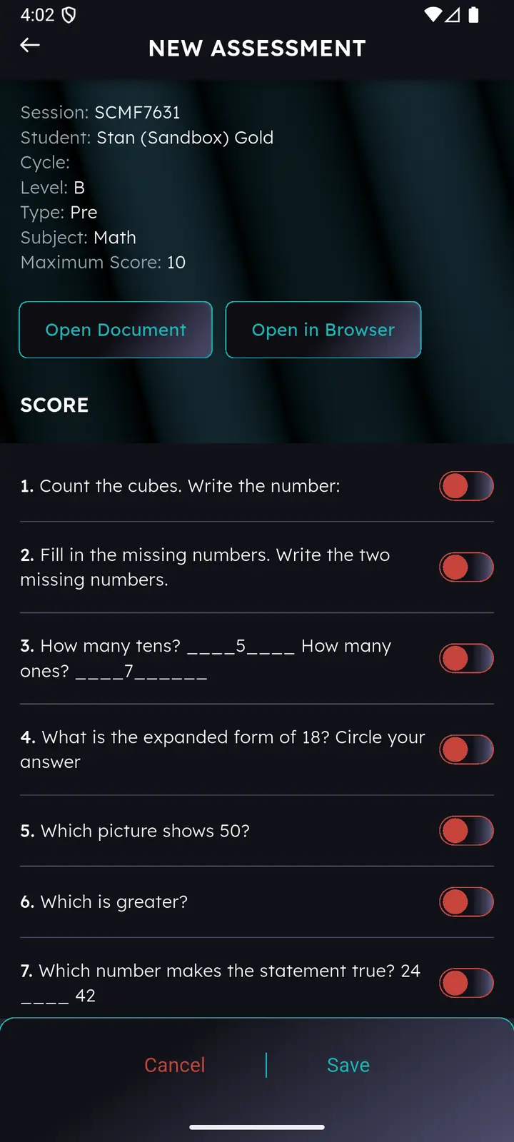 New assessment screen showing session, student, level, type, subject, maximum score and question toggles