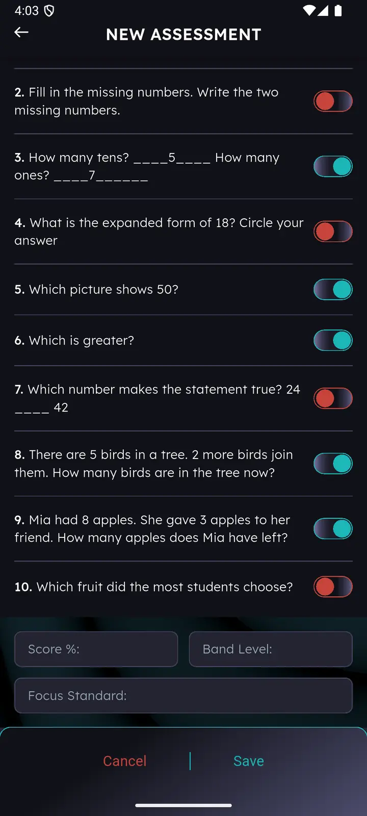 Assessment questions with correct and incorrect toggles and empty score fields