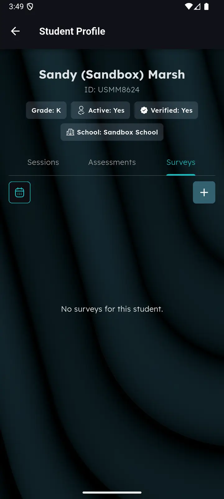 Student profile Surveys tab with an empty state
