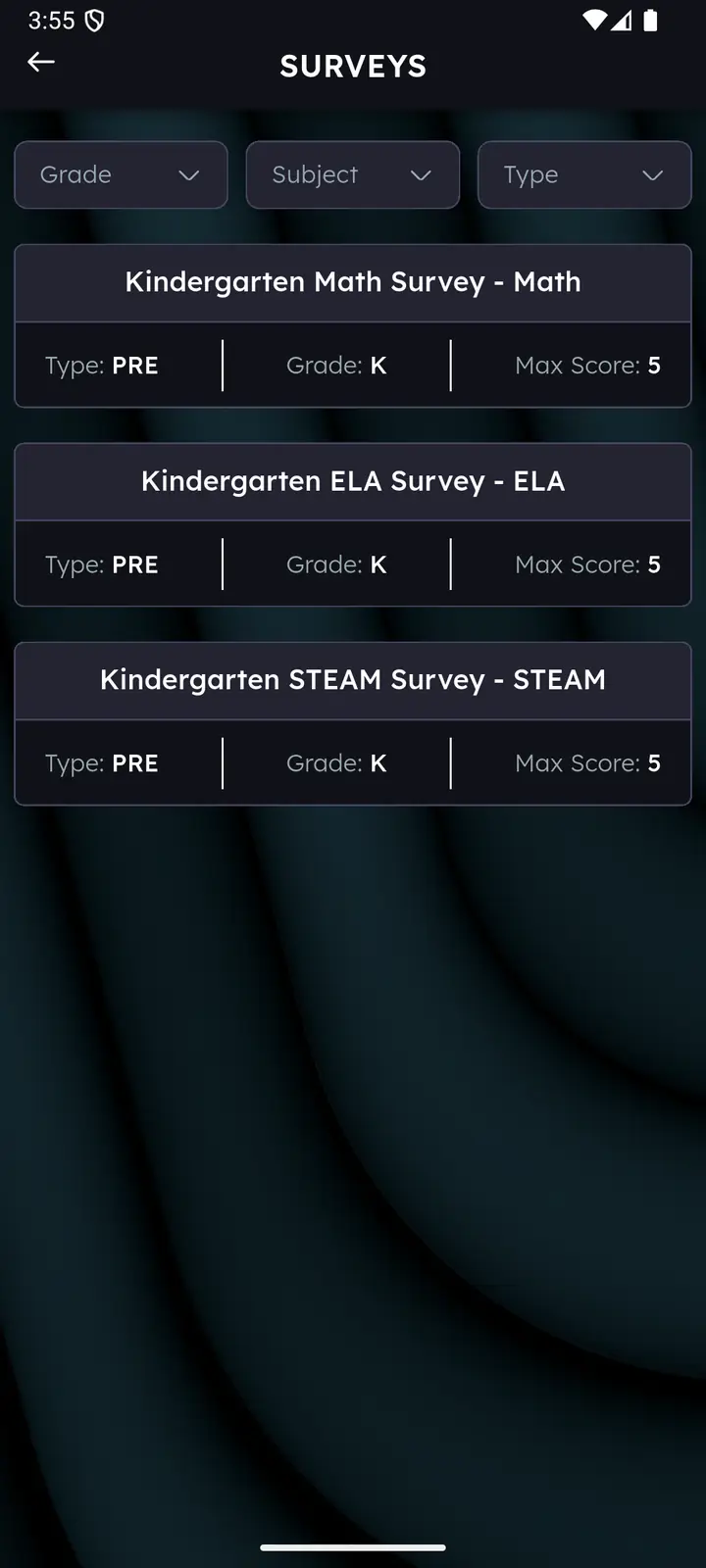 Surveys bank list with grade, subject and type filters