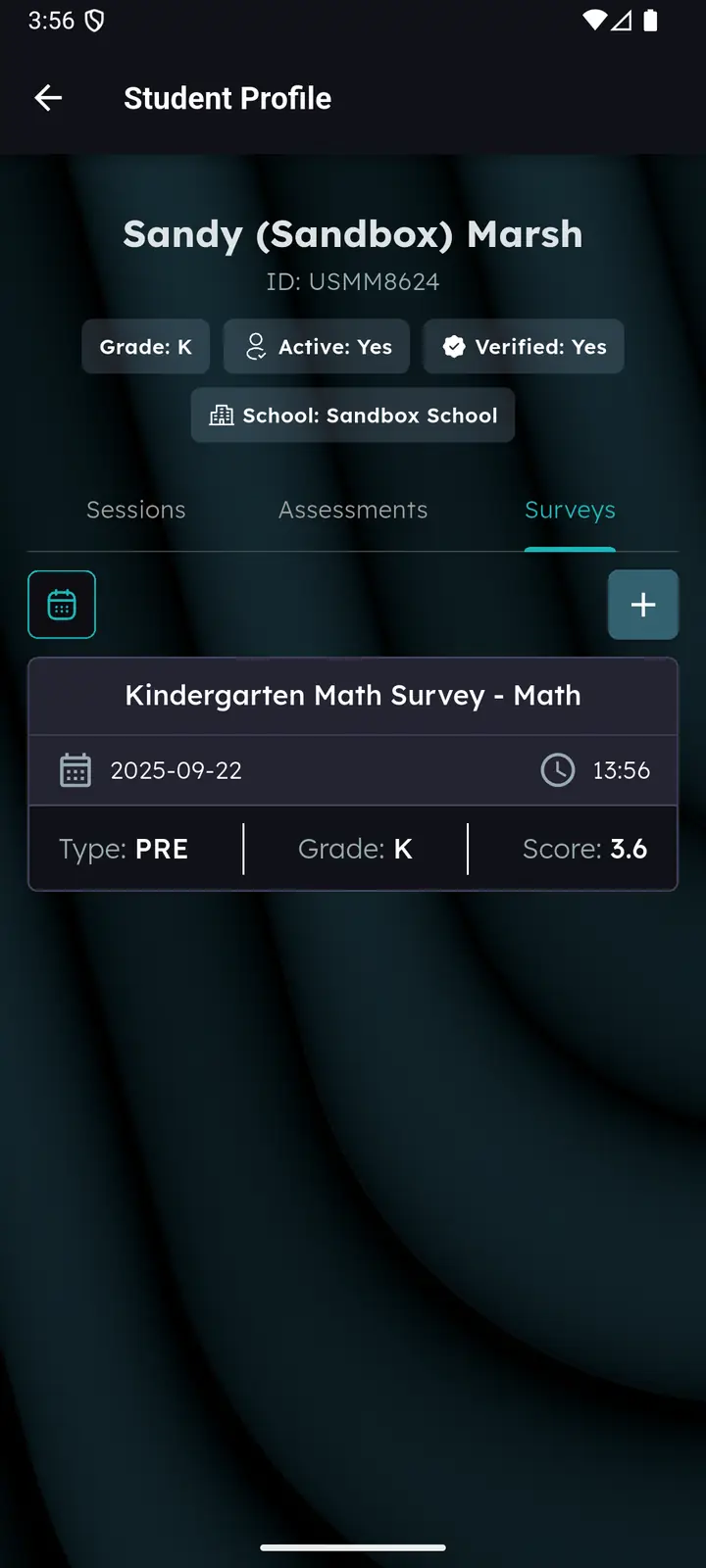Saved survey card on the student profile showing type, grade and a score of 3.6