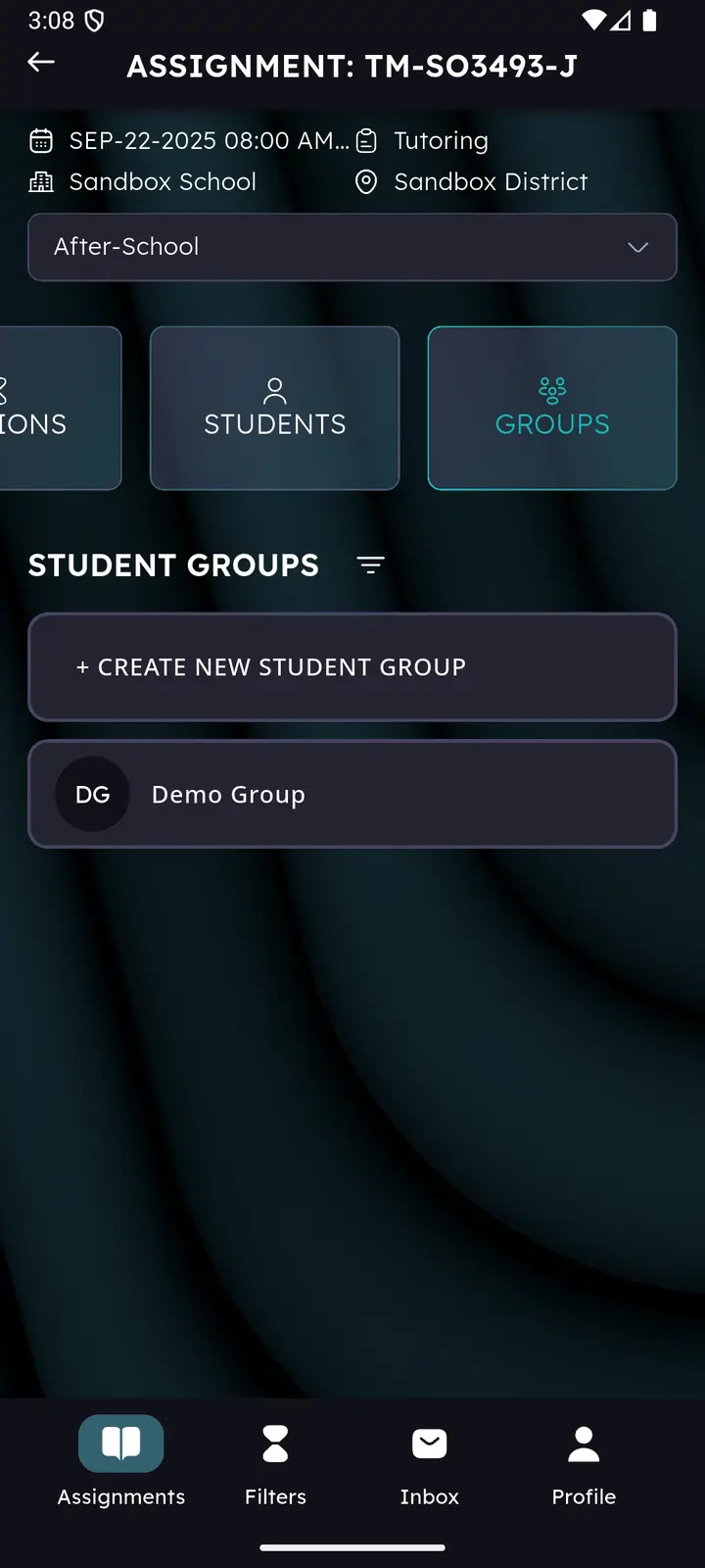Student groups view inside an assignment with a create action and one existing group