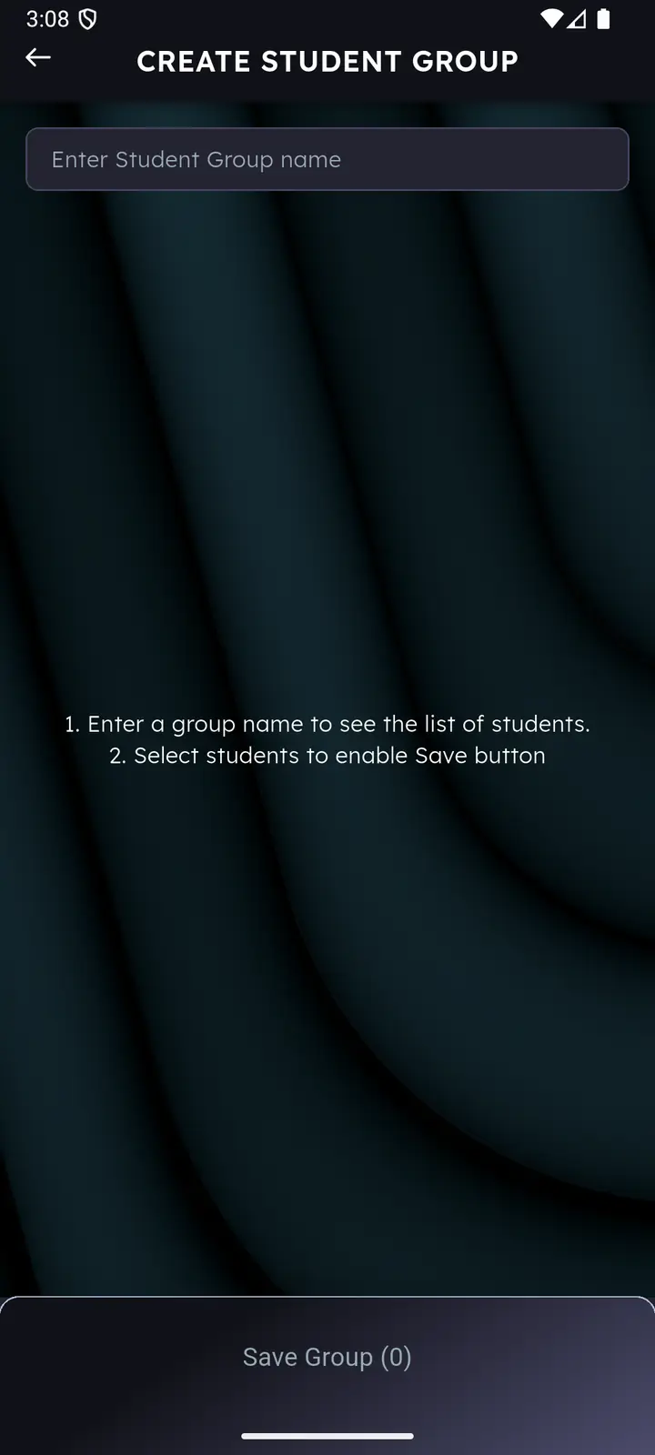 Create Student Group screen with an empty name field and a two step hint