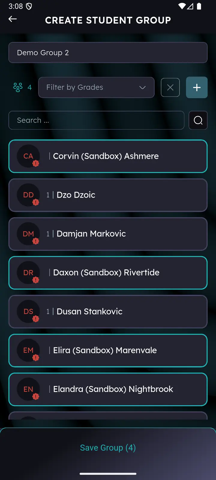 Create Student Group with four students selected and Save Group showing a count of four